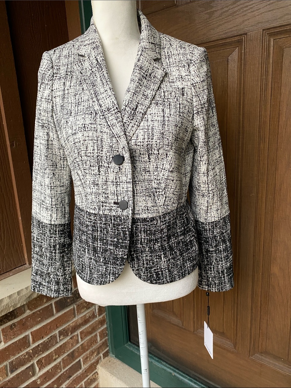 Calvin Klein Black & White Tweed Two-Button Blazer